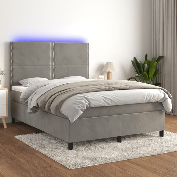 vidaXL Posteľ boxsping s matracom a LED bledosivá 140x200 cm zamat