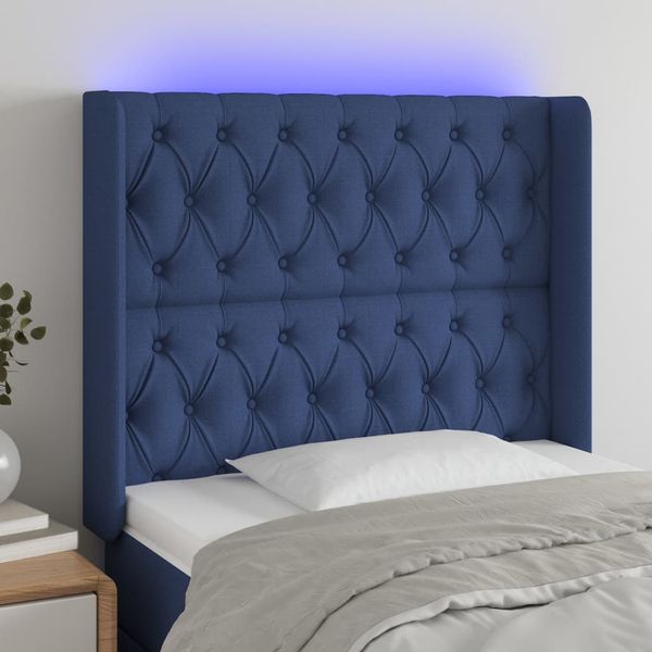 vidaXL Čelo postele s LED modré 93x16x118/128 cm látka