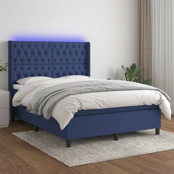 vidaXL Posteľ boxsping s matracom a LED modrá 140x190 cm látka
