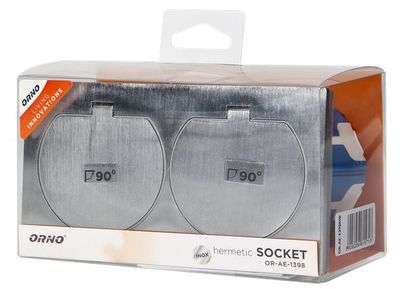 Zapustená dvojzásuvka s viečkami, hermeticky uzavretá ORNO OR-AE-1398MB vrátane inštalačnej krabice, nerez IP55 Zapuštěná dvojzásuvka s víčky, hermeticky uzavřená ORNO OR-AE-1398MB včetně instalační krabice, nerez IP55