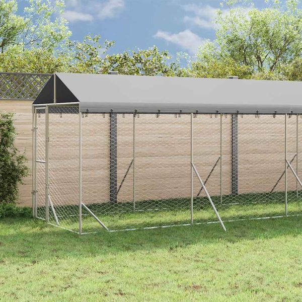 vidaXL Vonkajší koterec pre psov so strechou striebor. 2x14x2,5m oceľ