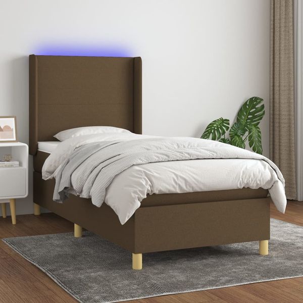 vidaXL Posteľ boxsping s matracom a LED tmavohnedá 90x190 cm látka