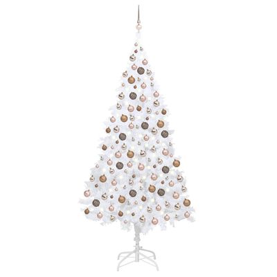 vidaXL Osvetlený umelý vianočný stromček s guľami, biely 210 cm, PVC