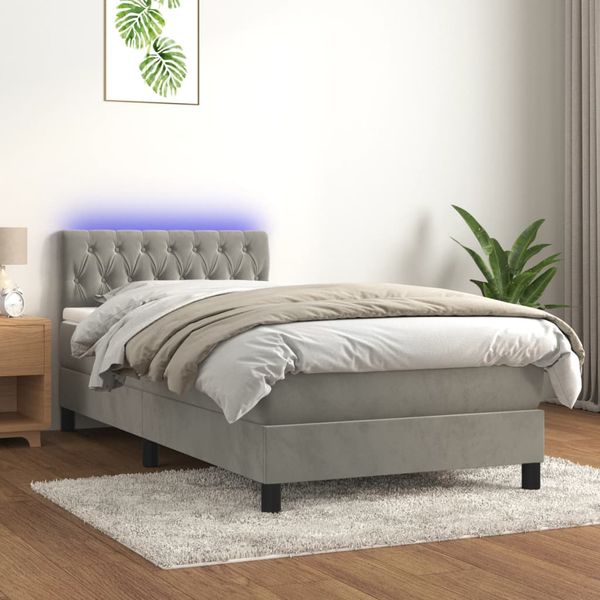vidaXL Posteľ boxsping s matracom a LED bledosivá 90x200 cm zamat