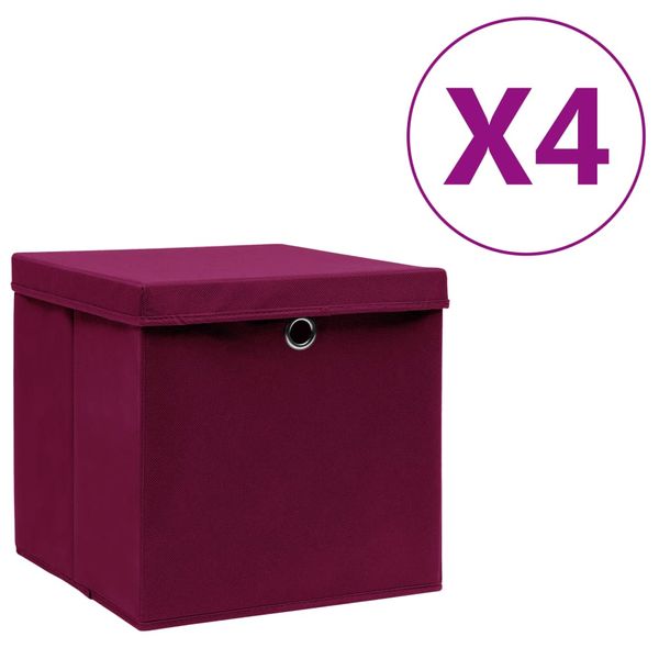 vidaXL Úložné boxy s vekom 4 ks, 28x28x28 cm, tmavočervené