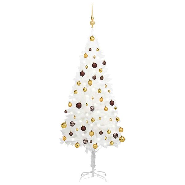 vidaXL Osvetlený umelý vianočný stromček s guľami, biely 150 cm