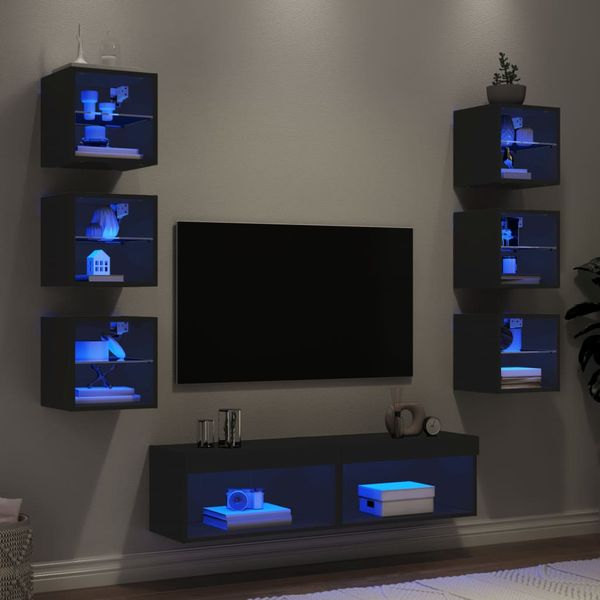 vidaXL 8-dielne TV nástenné skrinky s LED čierne kompozitné drevo