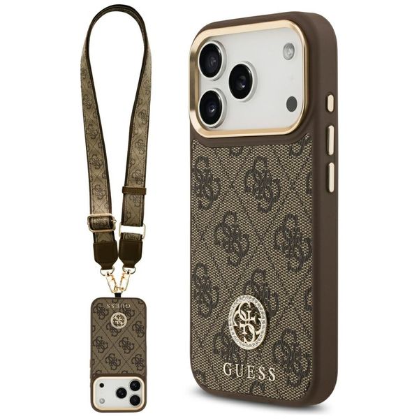Púzdro Guess 4G Strass Logo & Big Strap Metal Buttons MagSafe pre iPhone 17 Pro hnedé