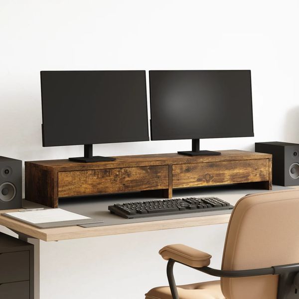 vidaXL Stojan na monitor a zásuvky dymový 100x27x15cm kompozitné drevo
