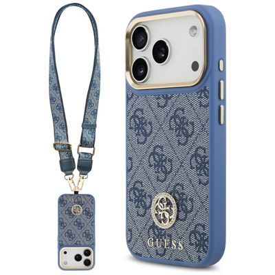 Puzdro Guess 4G Strass Logo & Big Strap Metal Buttons MagSafe pre iPhone 17 Pro modré