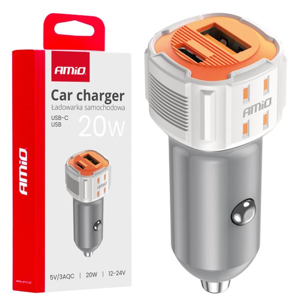 Nabíjačka do auta USB-A + USB-C 20 W 12/24 V AMiO-03882