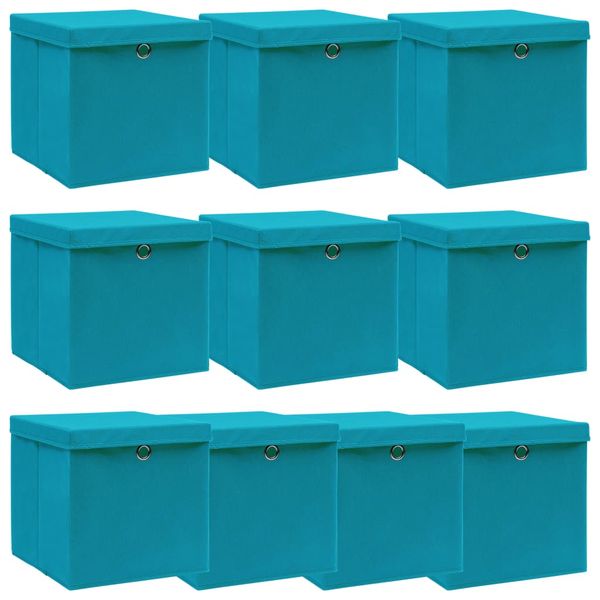 vidaXL Úložné boxy s vekom 10 ks, svetlomodré 32x32x32 cm, látka