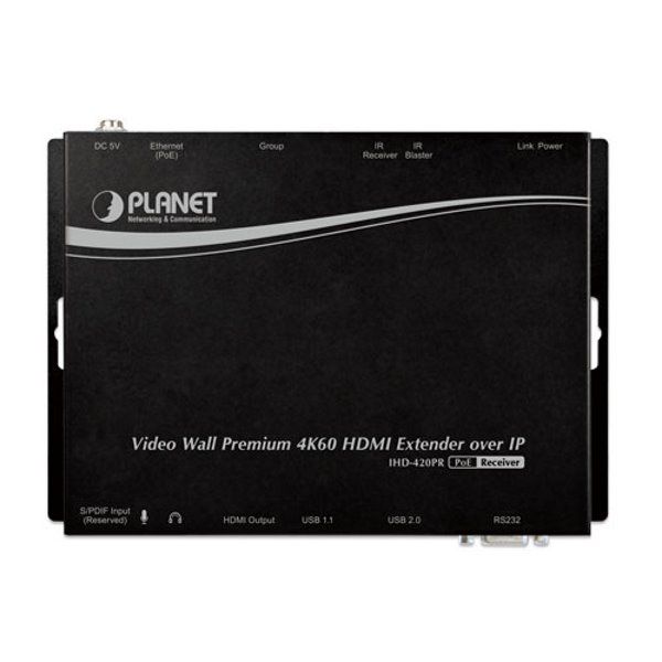 Planet IHD-420PR, HDMI a USB video receiver/ video wall, 4K/60, prijímač, multicast, IR, RS-232, napájanie PoE Extender, prijímač, HDMI, Cat5e/Cat6, 4K UHD, 60fps, 100m, multicast, IR, RS-232, HDMI, USB, napájanie PoE