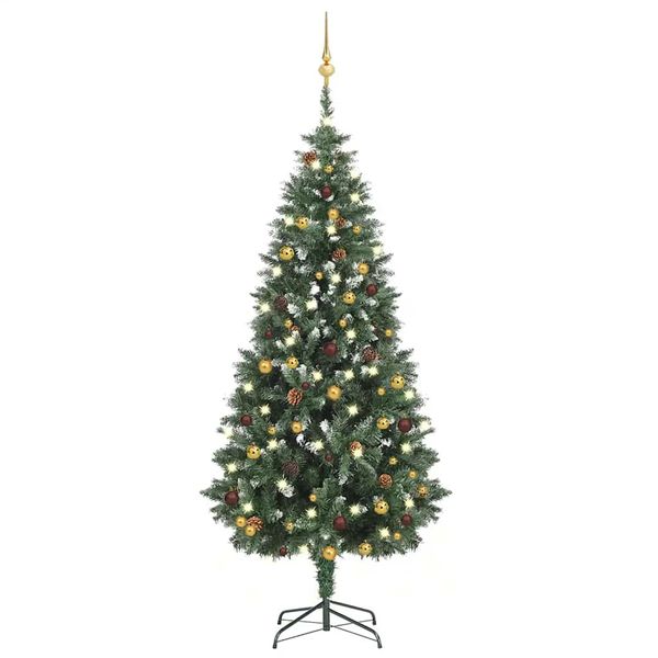 vidaXL Osvetlený umelý vianočný stromček s guľami 180 cm