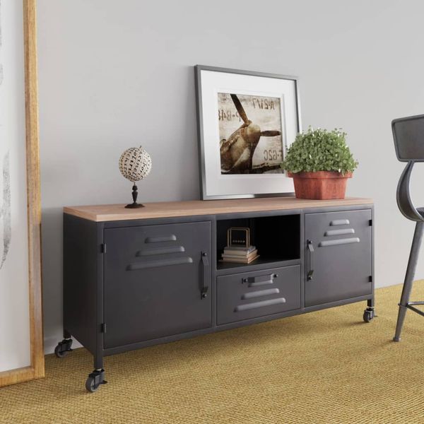 vidaXL TV skrinka čierna 110x30x43 cm železo a masívna jedľa