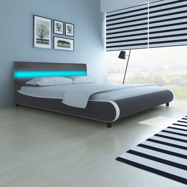 vidaXL Posteľ+matrac, pamäťová pena, LED, sivá, umelá koža 180x200 cm