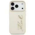 Puzdro Karl Lagerfeld z PU kože s logom Karl script a kovovými tlačidlami fotoaparátu pre iPhone 17 Pro béžová