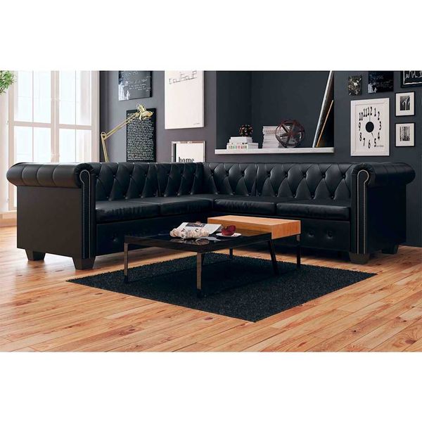 vidaXL Rohová pohovka Chesterfield, 5-miestna, čierna, umelá koža