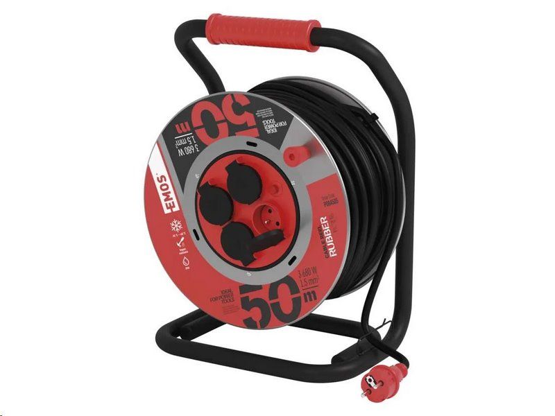 Prodlužovací kabel EMOS P084505 PROFI na bubnu 50 m / 4 zásuvky / černý / guma / 230 V / 1,5 mm2