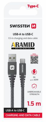 SWISSTEN DÁTOVÝ KÁBEL KEVLAR USB / USB-C 1,5 M ANTRACIT Kábel, nabíjací a synchronizačný, USB na USB-C, USB 2.0, 3A, 60W, oplotený 1,5m, čierny