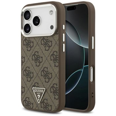 Puzdro Guess Case Magsafe 4G PU Leather s trojuholníkovým logom a strieborným kovovým rámom fotoaparátu pre iPhone 17 Pro Hnedá