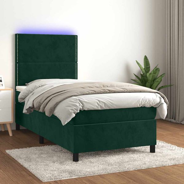 vidaXL Posteľný rám boxsping matrac a LED tmavozelený 90x190 cm zamat