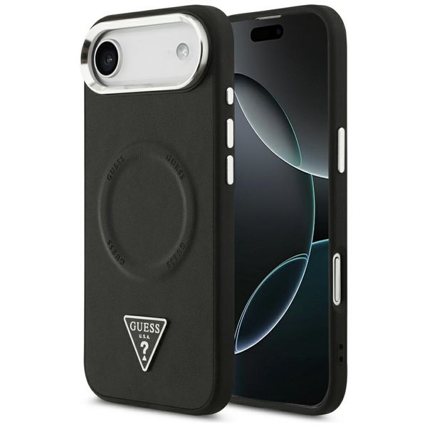 Puzdro Guess Case Magsafe PU Leather Case s trojuholníkovým logom a strieborným kovovým rámom fotoaparátu pre iPhone 17 Air čierne