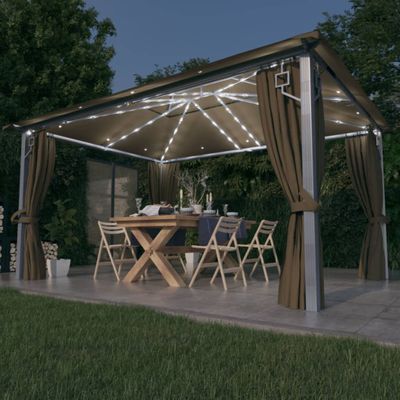 vidaXL Altánok so závesom a LED reťazou 4x3 m, sivohnedý, hliník