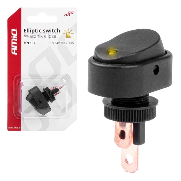 Prepínač kolískový oválny so žltou LED diódou AMiO-03088
