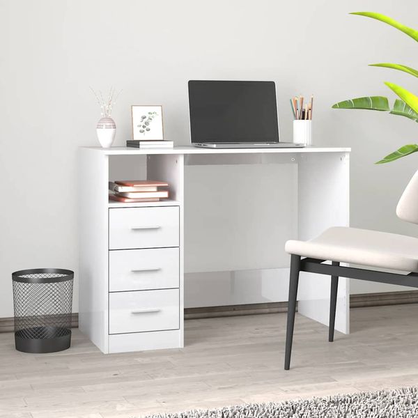 vidaXL Stolík so zásuvkami lesklý biely 102x50x76 cm spracované drevo