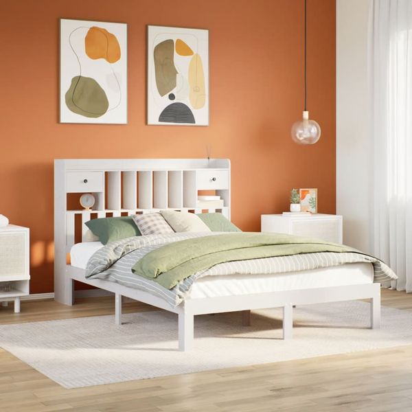 vidaXL Posteľ s knižnicou bez matraca biela 160x200cm borovicový masív