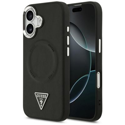 Guess Case Magsafe PU kožené puzdro s trojuholníkovým logom Strieborný kovový rám fotoaparátu pre iPhone 17 čierna