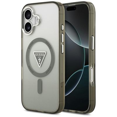 Puzdro Guess Magsafe IML Gradient s potlačou trojuholníkového loga a striebornými kovovými tlačidlami fotoaparátu pre iPhone 17 Khaki