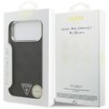 Puzdro Guess Magsafe 4G z PU kože s trojuholníkovým logom a strieborným kovovým rámom fotoaparátu pre iPhone 17 Pro Max čierne