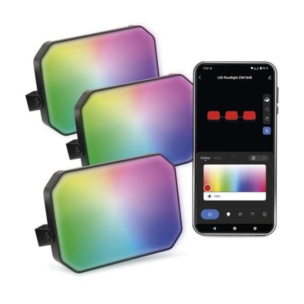 GoSmart vonkajší LED reflektor, štartovacia sada, 3 diely, 14 W, RGBIC stmievateľný, WiFi