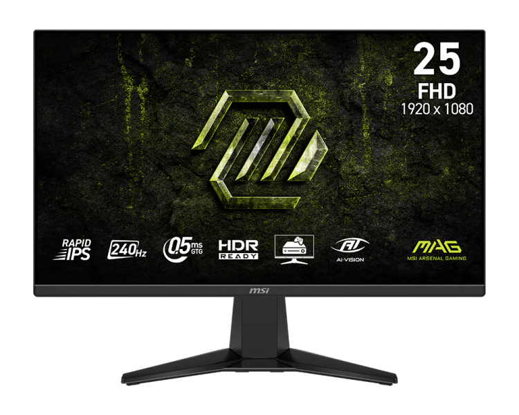 MSI MAG 255F X24 24,5" Rapid IPS/FHD/240Hz/0,5ms/2xHDMI/DP/černá Monitor, 24,5", Rapid IPS, 1920 × 1080 px, 240 Hz, 0,5 ms, AMD FreeSync Premium, HDR Ready, DisplayPort 1.2a, 2× HDMI 2.0b