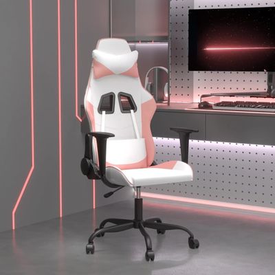 vidaXL Masážna herná stolička biela a ružová umelá koža