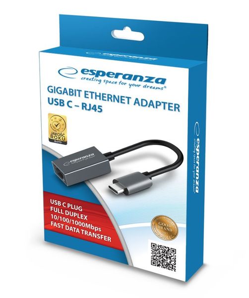 Sieťová karta Esperanza ENA102, adaptér ethernet RJ45 na USB-C, gigabit Síťová karta Esperanza ENA102, adapter ethernet RJ45 na USB-C, gigabit