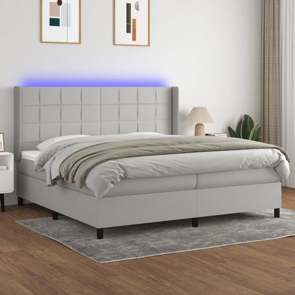 vidaXL Posteľ boxsping s matracom a LED bledosivá 200x200 cm látka