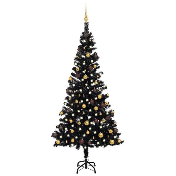 vidaXL Osvetlený umelý vianočný stromček s guľami, čierny 150 cm, PVC