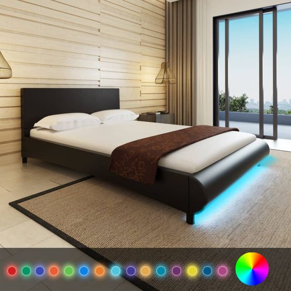 vidaXL Posteľ+matrac, pamäťová pena, LED, čierna, umelá koža 140x200cm