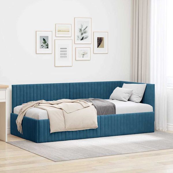 vidaXL Rohový rám postele s čelnou doskou Modrá 90 cm x 200 cm Zamat