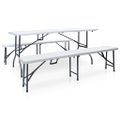 vidaXL Sklápací záhradný stôl a 2 lavičky HDPE a oceľ 180 cm biely