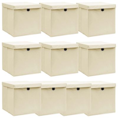 vidaXL Úložné boxy s vekom 10 ks, krémové 32x32x32 cm, látka