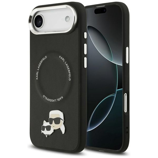 Puzdro Karl Lagerfeld Magsafe PU s hlavičkami Karl & Choupette, logom a kovovými tlačidlami fotoaparátu pre iPhone 17 Air čierne