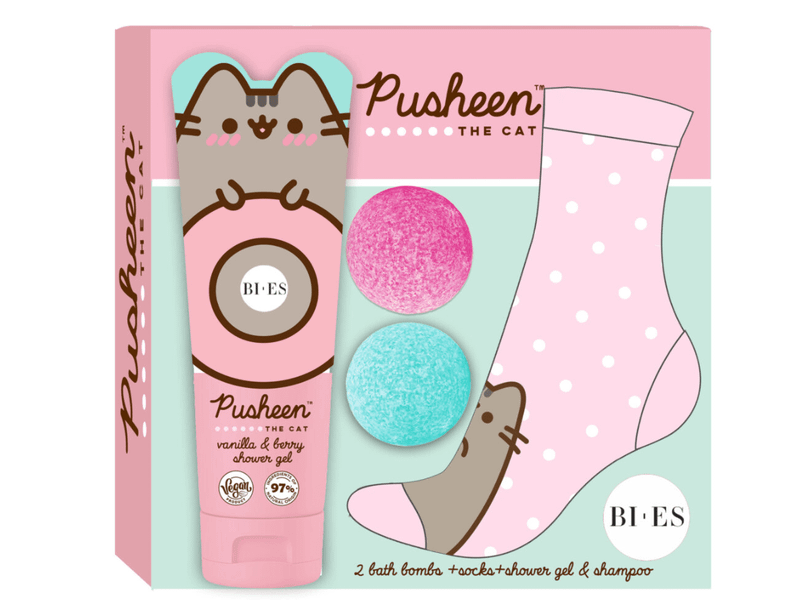 PUSHEEN GIFT SET darčeková súprava pre deti - šampón/sprchový gél, 2x bomba do kúpeľa, ponožky