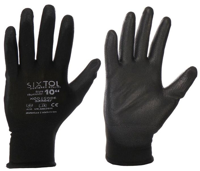 Pracovné rukavice z polyesteru čiastočne máčané v polyuretáne GLOVE PE-PU 10, čierne, veľkosť 10 SIXTOL