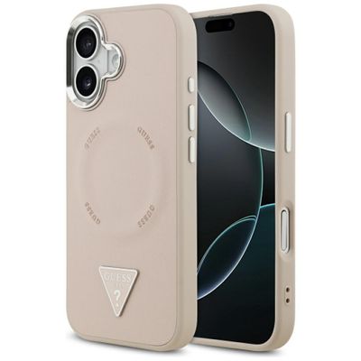 Puzdro Guess Case Magsafe PU Leather Case s trojuholníkovým logom a strieborným kovovým rámom fotoaparátu pre iPhone 17 ružové