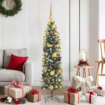 vidaXL Umelý chudý vianočný strom Zelená a biela 120 cm