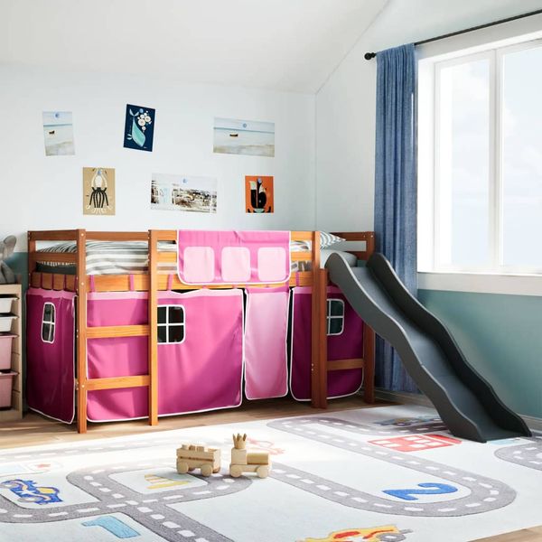 vidaXL Detská vyvýšená posteľ závesy ružová 90x190 cm masívna borovica